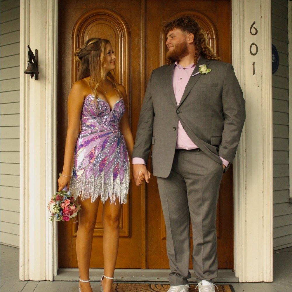 Jovani Purple and Silver Sequin Prom Dress